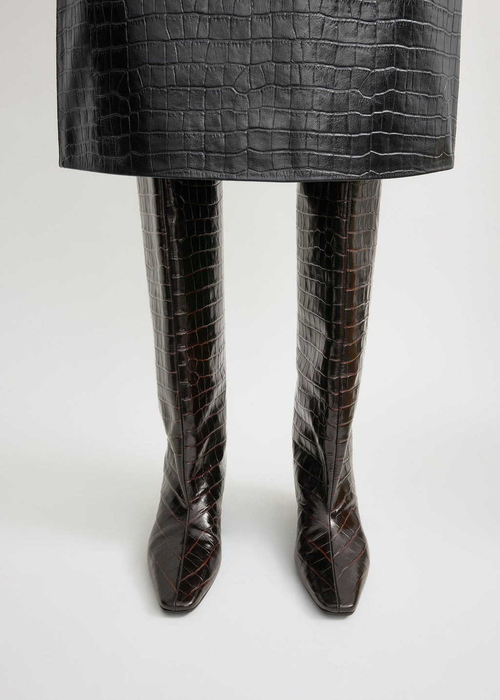 Croco-embossed wide shaft boots dark brown