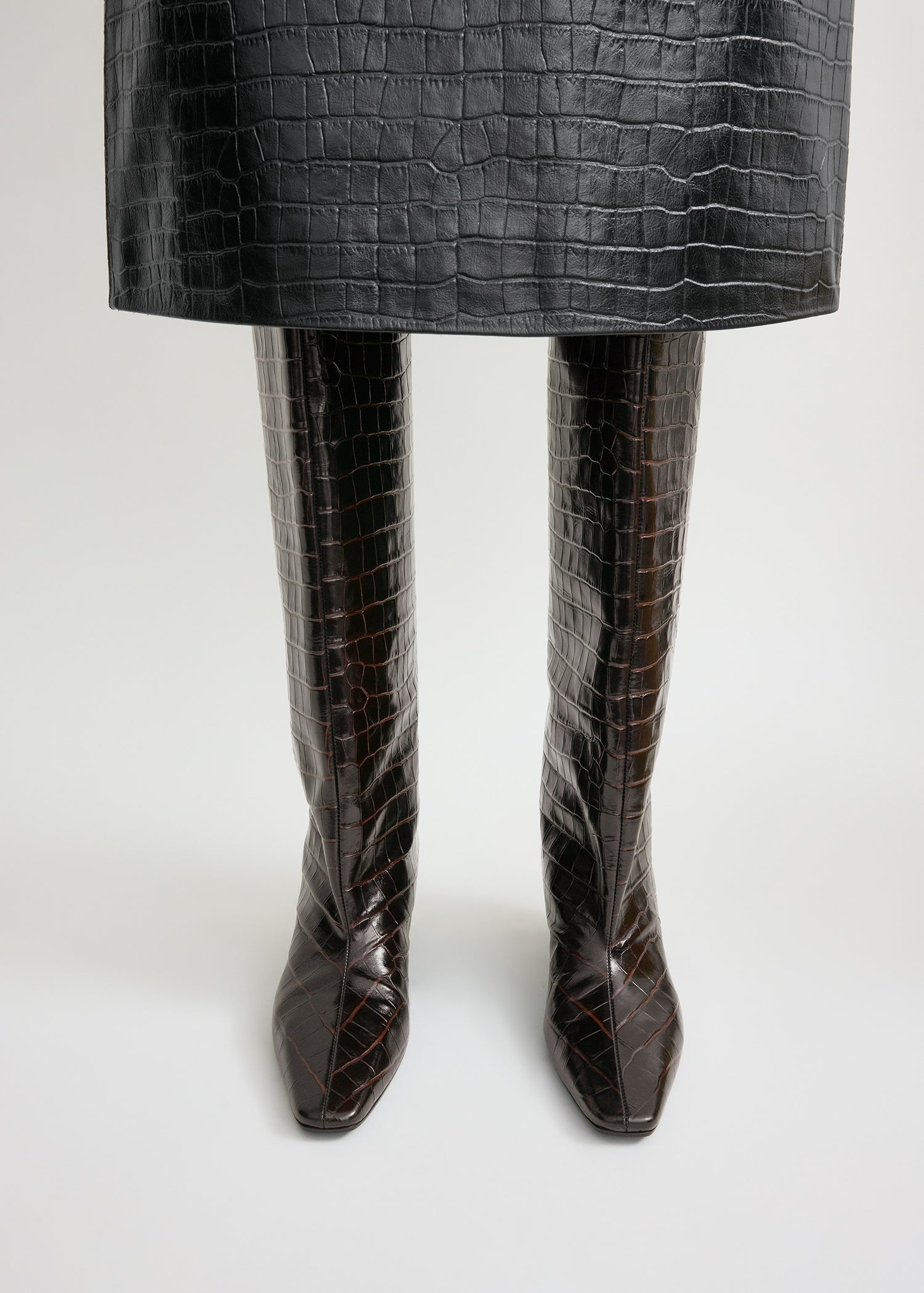 Croco-embossed wide shaft boots dark brown