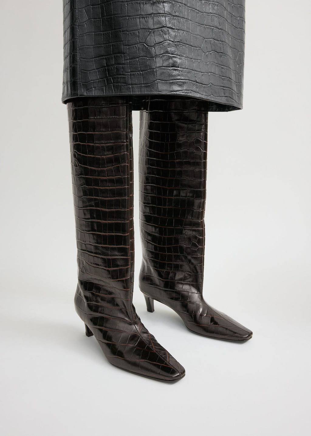 Croco-embossed wide shaft boots dark brown